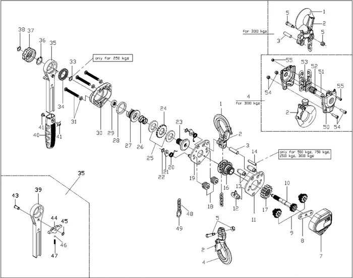 Aluminium mini lever hoists VTS components blueprint
